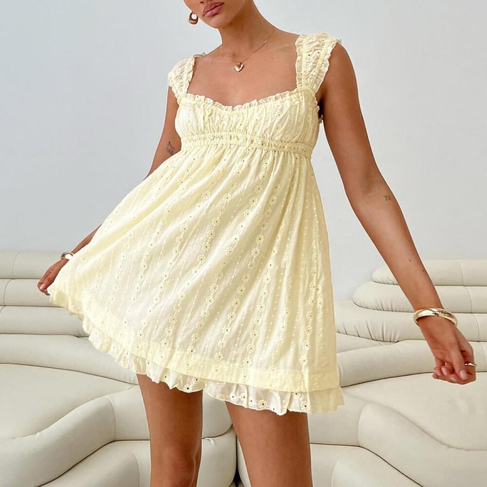 Women Sleeveless Mini Sundress Floral Embroidery Bowed Waist A-line Casual - Picture 2 of 7